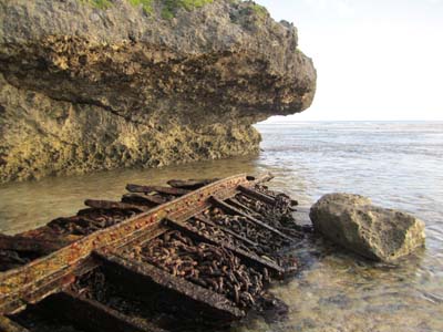 Skeleton of MS Edna on the reef, Atiu