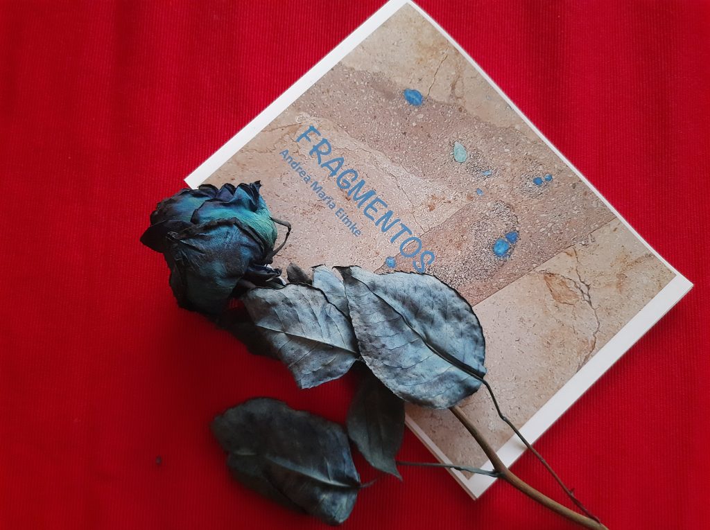 A dried, blue rose in front of a book titled 'Fragmentos' by Andrea Maria Emtile, resting on a red background.